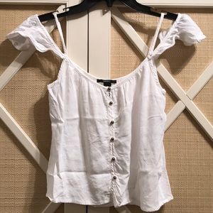 White tank with gold buttons and cold shoulder